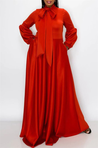 Rouge Casual Solide Avec Bow O Neck Manches Longues Plus La Taille Robes