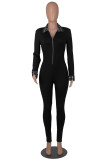 Black Casual Solid Patchwork Zipper Collar Skinny Jumpsuits