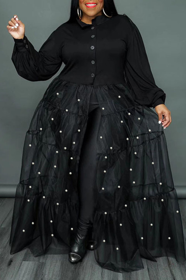 Vestido camisero con cuello vuelto de perlas con hebilla de retazos liso informal negro Vestidos de talla grande