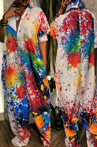 Colour Street Print Patchwork Buckle Turndown Collar Loose Jumpsuits