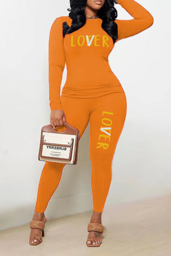 Orange Casual Print Patchwork O Neck Long Sleeve Two Pieces