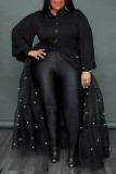 Robe chemise noire décontractée en patchwork solide avec col rabattu et perles Robes de grande taille