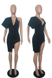 Черные сексуальные однотонные платья-юбки-карандаш с высоким вырезом и V-образным вырезом