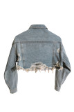 Light Blue Casual Street Solid Patchwork Turndown Collar Long Sleeve Distressed Ripped Make Old Cropped Denim Jacket