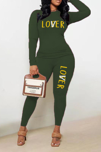 Army Green Casual Print Patchwork O Neck Long Sleeve Two Pieces