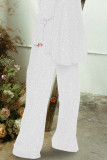 Pantaloni di colore solido a vita alta dritti con patchwork di paillettes solide bianche argento