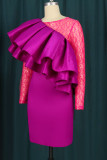 Vestidos de falda de un paso con cuello en O asimétrico con volantes de patchwork sólido elegante rojo rosa