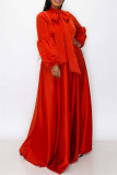 Rojo Casual Sólido Con Lazo O Cuello Manga Larga Tallas Grandes Vestidos