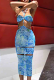 Sky Blue Sexy Print Hollowed Out Halter Pencil Skirt Dresses