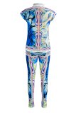 Синий Повседневный принт Лоскутный воротник с отложным воротником и короткими рукавами Из двух частей