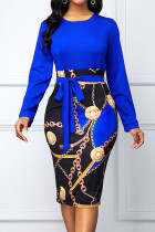 ブルー カジュアル プリント バンデージ パッチワーク O ネック ワンステップ スカート ドレス