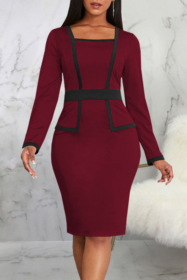 Burgundy Casual Work Solid Patchwork Square Collar One Step Skirt Dresses