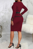Burgundy Casual Work Solid Patchwork Square Collar One Step Skirt Dresses