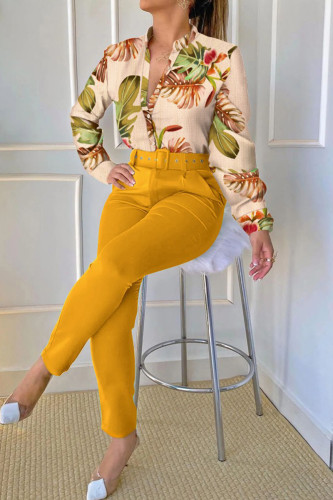 Yellow Casual Print Patchwork V Neck Long Sleeve Two Pieces
