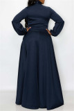 Tibetan Blue Casual Solid With Bow O Neck Long Sleeve Plus Size Dresses