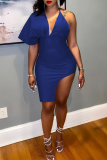 Blue Sexy Solid High Opening V Neck Pencil Skirt Dresses