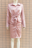 Pink Street Solid Patchwork Turndown Collar Shirt Dress Dresses