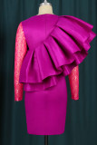 Vestidos de falda de un paso con cuello en O asimétrico con volantes de patchwork sólido elegante rojo rosa