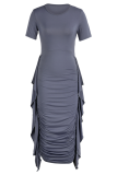 Серые модные однотонные платья-юбка-карандаш с оборками и круглым вырезом