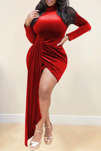 Red Street Solid Patchwork Turtleneck Irregular Dress Dresses