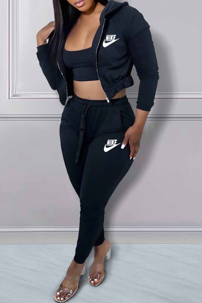 

Black Sexy Print Letter Hooded Collar Long Sleeve Three Pieces