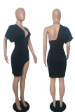 Черные сексуальные однотонные платья-юбки-карандаш с высоким вырезом и V-образным вырезом