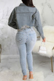 Light Blue Casual Street Solid Patchwork Turndown Collar Long Sleeve Distressed Ripped Make Old Cropped Denim Jacket