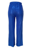 Blue Sexy Solid Sequins Patchwork Straight High Waist Solid Color Bottoms