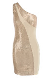 アプリコット セクシー ソリッド スパンコール パッチワーク 斜め襟 ペンシル スカート ドレス