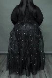 Vestido camisero con cuello vuelto de perlas con hebilla de retazos liso informal negro Vestidos de talla grande
