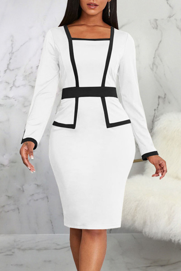 ホワイト カジュアル ワーク ソリッド パッチワーク スクエア カラー ワンステップ スカート ドレス