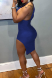 Vestidos de saia lápis azul sexy com abertura alta e decote em V