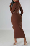 Brownness Sexy Casual Solid Patchwork Kontrast V-Ausschnitt Langarm-Kleider