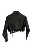 Black Casual Street Solid Patchwork Turndown Collar Long Sleeve Distressed Ripped Make Old Cropped Denim Jacket