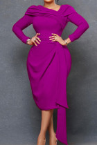 Фиолетовые элегантные однотонные платья в стиле пэчворк с асимметричным воротником и асимметричным воротником