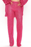 Pantaloni di colore solido a vita alta dritti con patchwork di paillettes solide rosse rosa