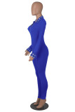 Blue Casual Solid Patchwork Zipper Collar Skinny Jumpsuits