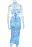 Sky Blue Sexy Print Hollowed Out Halter Pencil Skirt Dresses