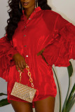 Красные сексуальные однотонные платья в стиле пэчворк с оборками и отложным воротником