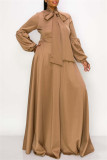 Khaki Casual Solid With Bow O Neck Long Sleeve Plus Size Dresses