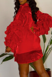 Rode sexy effen patchwork-jurken met omslagkraag