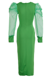 グリーン ファッション ソリッド メッシュ O ネック ペンシル スカート ドレス