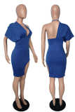 Blå sexig solid hög öppning V-hals pennkjol klänningar