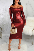 Burgundy Sexy Solid Backless Off the Shoulder Pencil Skirt Dresses