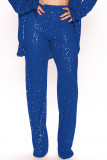 Calças retas de lantejoulas sólidas azuis sexy patchwork cintura alta cor sólida