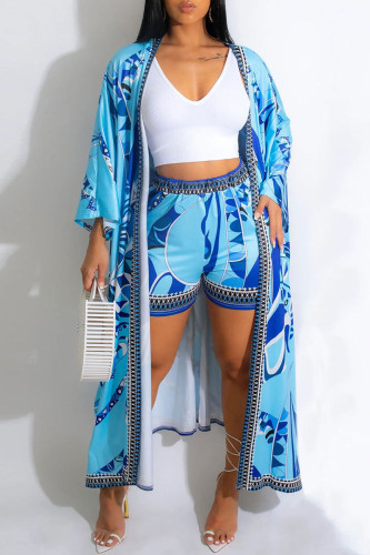 Blue Casual Print Patchwork Long Sleeve Two Pieces