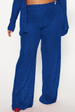 Pantaloni di colore solido a vita alta dritti con patchwork di paillettes solide blu sexy