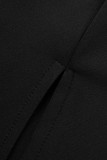 Vestidos de falda de un paso con cuello en V y pliegues de retazos sólidos casuales negros