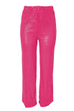 Pantaloni di colore solido a vita alta dritti con patchwork di paillettes solide rosse rosa