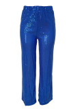 Calças retas de lantejoulas sólidas azuis sexy patchwork cintura alta cor sólida
